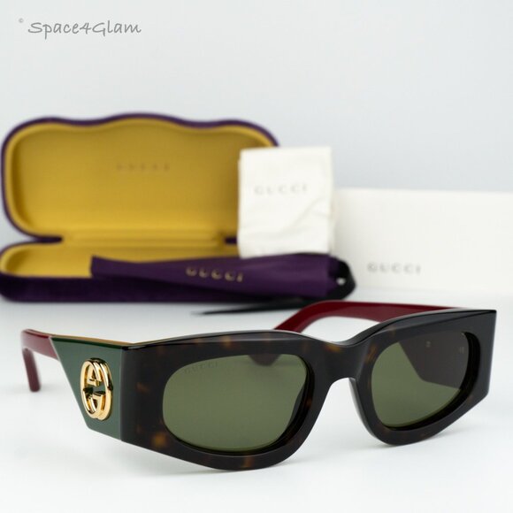 BRAND NEW Gucci GG1664S 002 Havana Red Green Rectangle Unisex Sunglasses - Picture 3 of 9